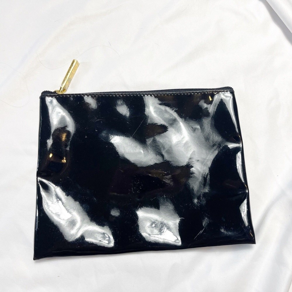 Cosmetic small rubber bag Black with gold zipper make up bag Fabric on inside m